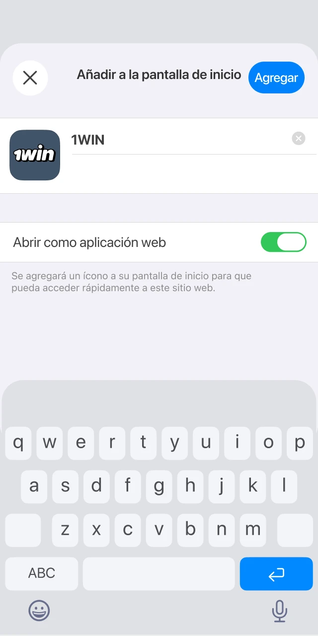Confirma el nombre para crear acceso directo de 1win App iPhone.