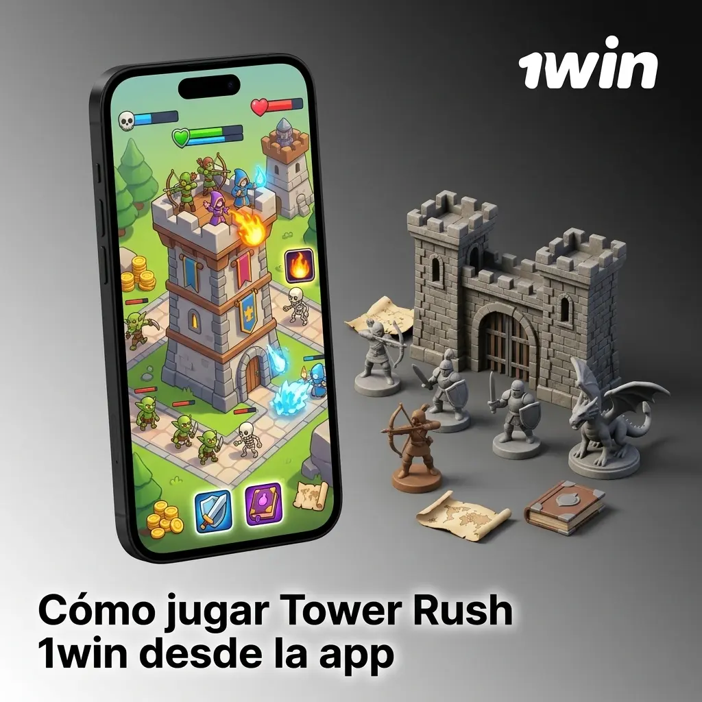 Jugador usando la app 1win en móvil para jugar Tower Rush sin restricciones