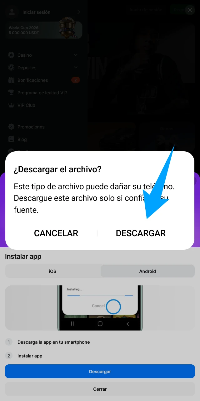 Confirma la instalación en la ventana emergente de la 1win App.