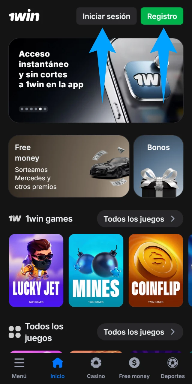Inicia sesión en 1win y abre la caja de depósito.