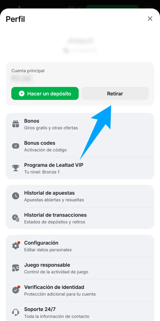 Ingresa al menú de retiro en 1win para comenzar.