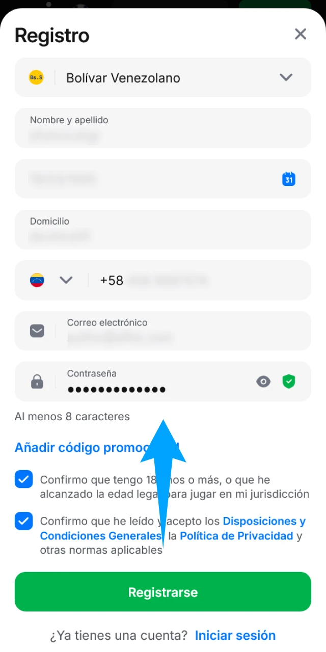 Rellena tus datos personales en el registro de 1win para continuar.