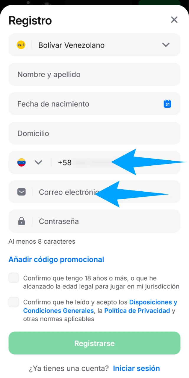 Selecciona tu método preferido durante el registro rápido en 1win.